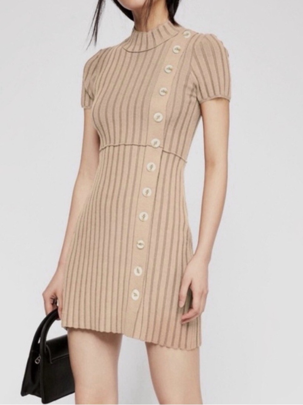Free People Womens Dress Beige Tan Lottie Rib Knit Button Sweater Dress Sz Large